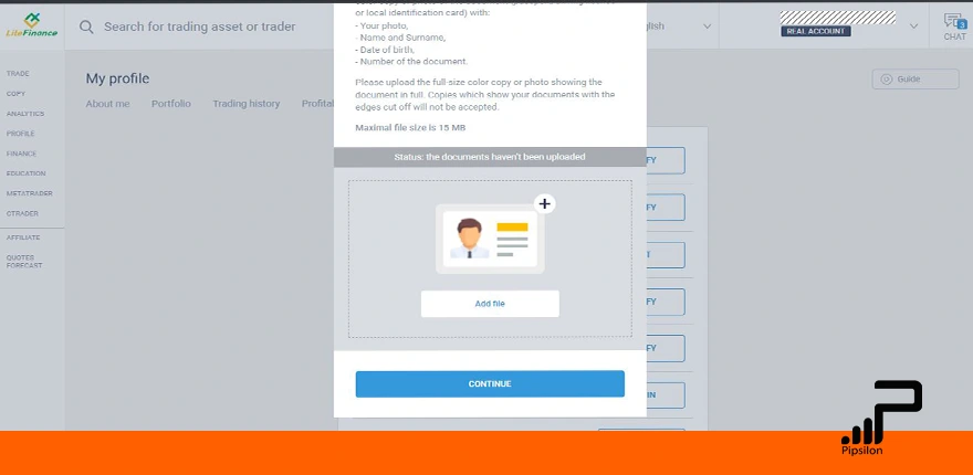 اسکرین شات از صفحه آپلود مدارک شناسایی (Identity verification) وب سایت لایت فایننس، آموزش ثبت نام در فارکس