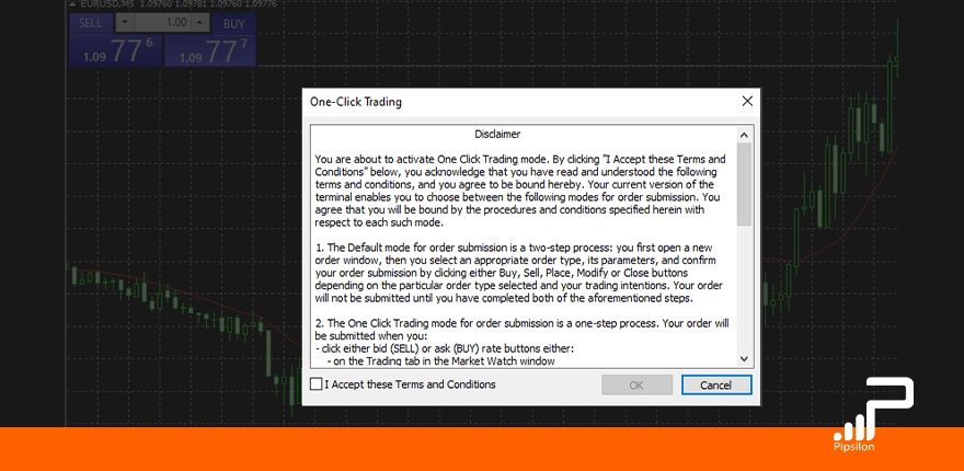 صفحه توضیحات و تایید قوانین مربوط به One-Click Trading در متاتریدر 4، صفر تا صد آموزش متاتریدر 4 (MT4)