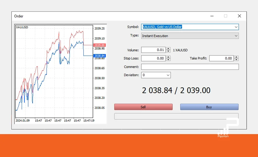 تصویری از محیط نرم‌افزار MetaTrader و پنجره Order برای اردر گذاری به روش Instant Execution. آموزش جامع اردر گذاری در فارکس؛ آموزش 7 روش سفارش گذاری