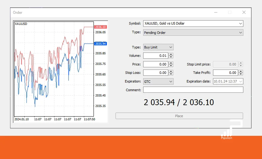 تصویری از محیط نرم‌افزار MetaTrader و پنجره Order برای اردر گذاری به روش سفارش در انتظار یا همان Pending Order. آموزش جامع اردر گذاری در فارکس؛ آموزش 7 روش سفارش گذاری