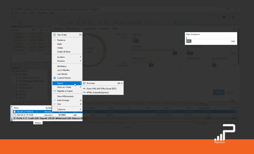 تصویری از محیط نرم‌افزار متاتریدر و رشو دسترسی به بخش گزارش‌گیری از حساب. دراودان چیست؟ Drawdown در فارکس و نحوه محاسبه آن