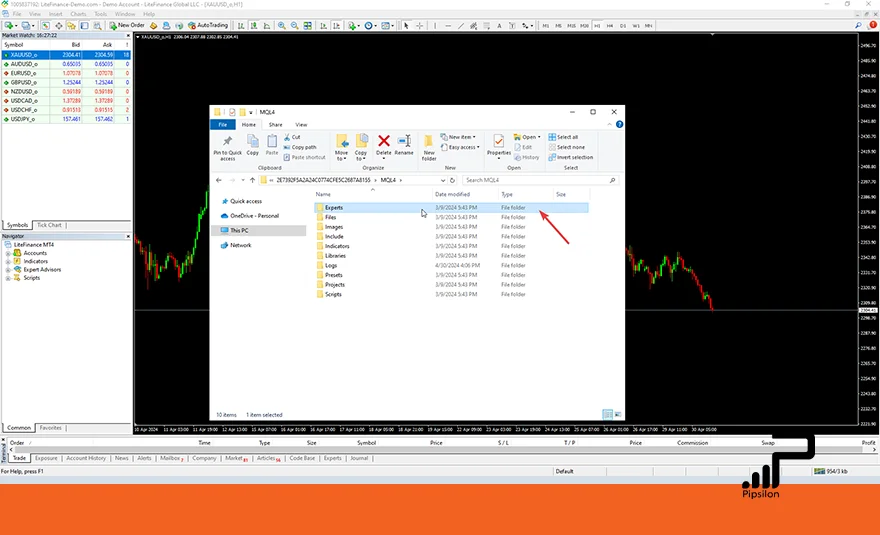 تصویری از ورود به فولدر Experts در پوشه MQL4 در فولدر دیتا متاتریدر. اکسپرت فارکس چیست؟ کاربرد، نحوه استفاده و مزایای Expert فارکس